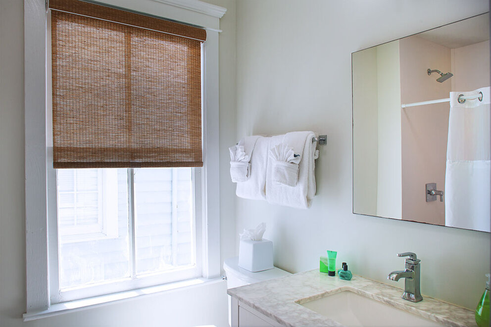 Bathroom for the Deluxe King second floor patio room. Room #9.